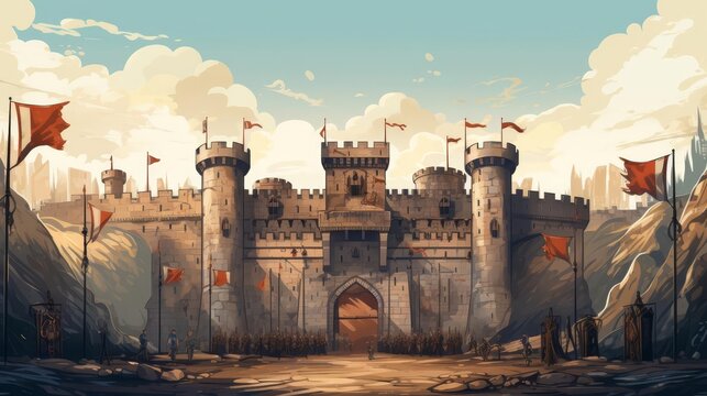 battlements with medieval flags castle background flat design side view medieval fair theme water color Splitcomplementary color scheme