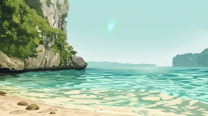 Fototapeta premium Serene Tropical Beach with Crystal Clear Water and Lush Cliff