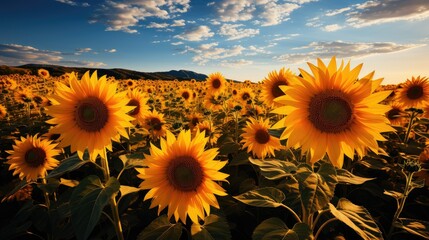 Vibrant sunflower field under blue sky