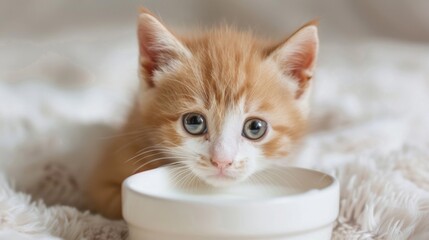 A ginger kitten peeking into a bowl of milk, getting ready to indulge in a creamy treat.