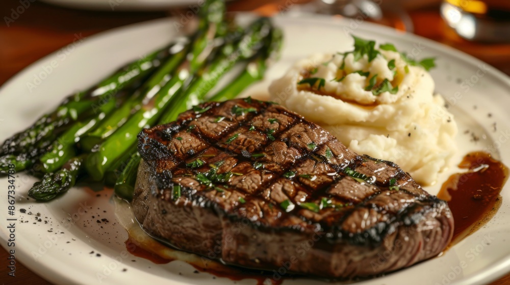 Canvas Prints A gourmet steak dinner served with creamy mashed potatoes and steamed asparagus, plated beautifully for a fine dining experience.