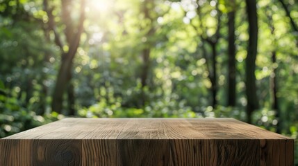 Wooden Tabletop With Blurred Forest Background on Sunny Day