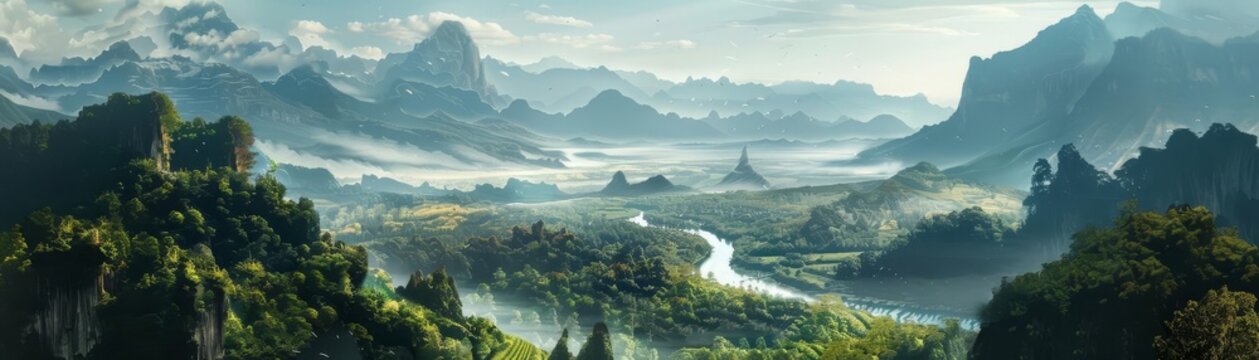 Breathtaking panoramic view of a misty valley with winding rivers, lush forests, and majestic mountains in the distance. Perfect for nature lovers.