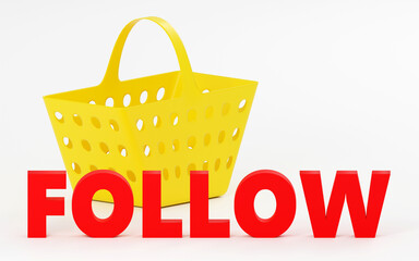 Luxury red sign follow with yellow shopping basket online internet media blog followers 3D render illustration