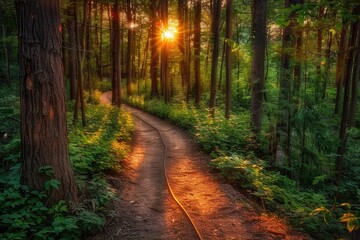 Fototapeta premium Woods Sun. Summer Sunset Landscape in Inspirational Woods Path Adventure