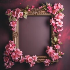 Pink flowers on a pink violet background and gold empty photo frame. Generated AI