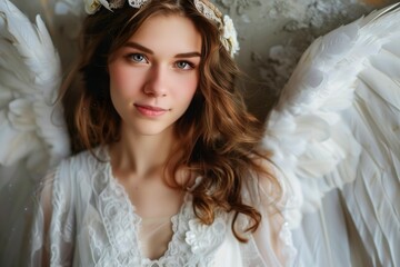 Young Pretty Woman in Angel Costume with Wings. Geneative AI