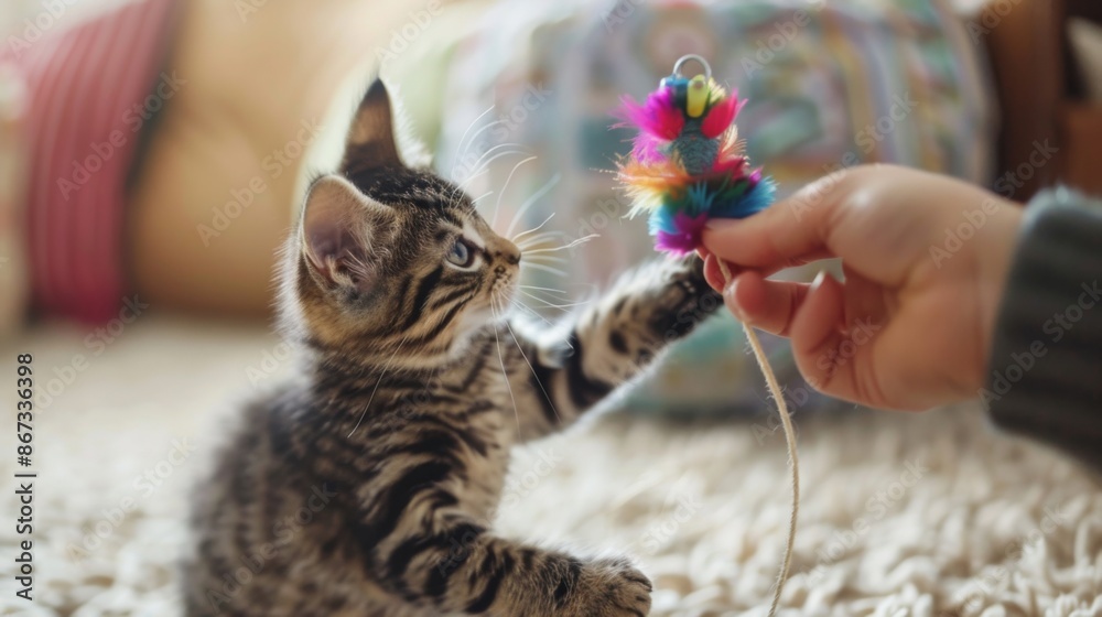 Poster a kitten batting at a feather teaser toy held by its owner, showing enthusiasm and affection for pla