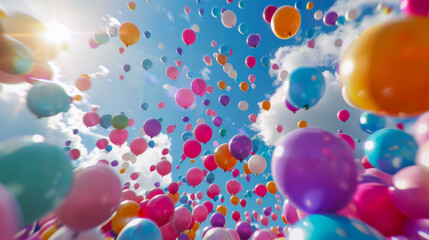 Thousands of colorful balloons floating in the air, creating a colorful mosaic against the sky.