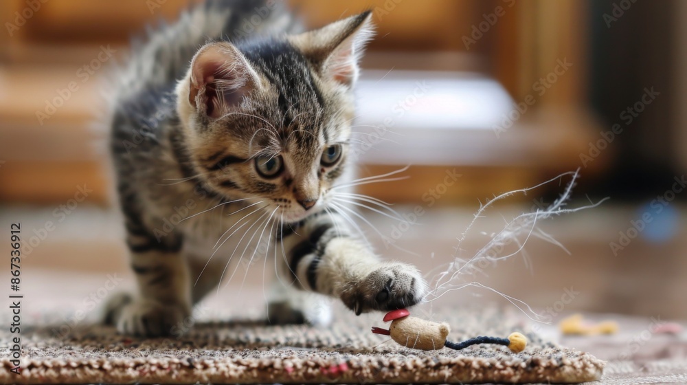 Poster A kitten playfully batting at a moving toy mouse on a scratch pad, practicing hunting skills with enthusiasm.
