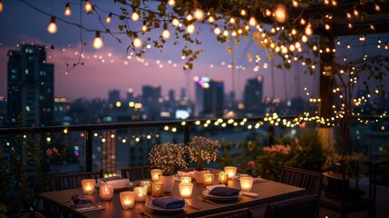 Table with candles, warm night.