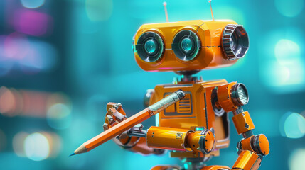 3D illustration of a friendly robot with a pencil, representing modern technology.