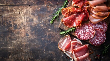 A close-up view of a rustic wooden table topped with a variety of cured meats, including pancetta, salami, and sliced ham