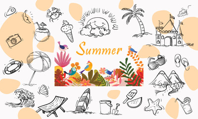 Fototapeta premium Set of summer, beach element pattern doodle design background illustration