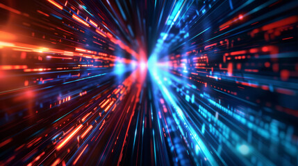 Obraz premium Abstract tech banner with blue, red geometric shapes. Concept for science, futuristic energy technology. Light rays, lines with light, speed, motion blur against a dark background.