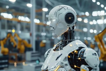 Fototapeta premium High-tech robotic humanoid in an advanced factory setting with machinery in the background showcasing modern industry automation.