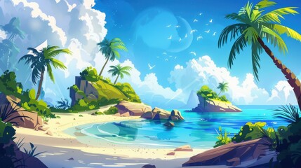 Naklejka premium Tropical paradise beach with palm trees, turquoise ocean, blue sky, and fluffy clouds. Concept of vacation, travel, summer, and relaxation.