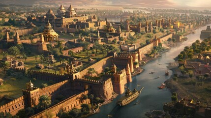 Obraz premium A panoramic view of ancient city walls and moats surrounding a well-preserved royal capital city.