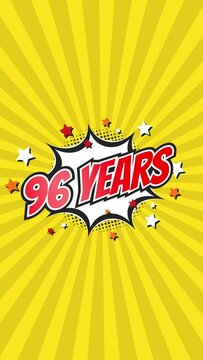 Celebratory animation for 96th ninety-sixth anniversary - 96 ninety-six years birthday. Animated text on pop colorful background with rotating rays.