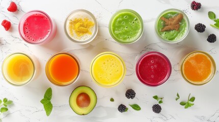 A colorful spread of different smoothie flavors each with a splash of avocado oil for added nutrition and flavor.