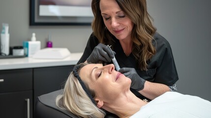 A beautician is preparing to give facial injections to a customer.