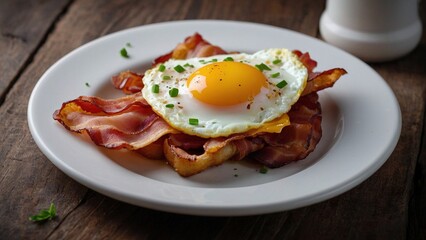 Beautiful photo of a tasty breakfast with fried eggs, bacon, and toasted bread laying on a on white plate on a dark wooden table surface. Delicious food meal advertisement photography illustration.