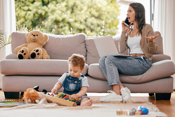 Phone call, kid and woman on sofa with laptop for discussion, conversation or information in living...