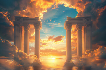 Fototapeta premium A breathtaking celestial scene with ancient columns at sunset