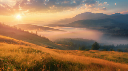 Beauty of countryside concept background. Summer sunrise on mountain farmland