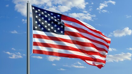 Obraz premium A picturesque view of the American flag, its stars and stripes vividly displayed against the simplicity of a bright, blue sky.
