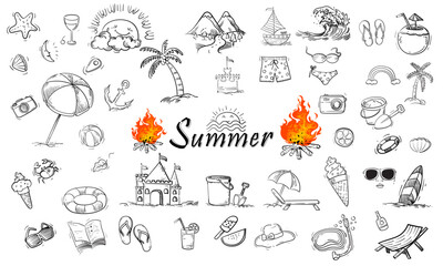 Fototapeta premium Set of summer, beach element pattern doodle design background illustration