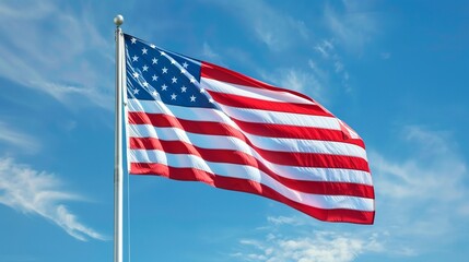 An American flag flying at full mast, its colors vibrant and bold against a serene and clear blue sky.
