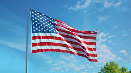 Obraz premium An American flag flying at full mast, its colors vibrant and bold against a serene and clear blue sky.