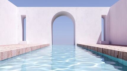 Plain white courtyard of stone and water, reminiscent of The Cell, multicolored and vibrant, colorized normals adding a surreal touch, peaceful yet unsettling vibe