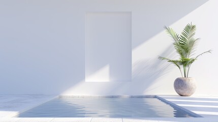 Plain white courtyard of stone and water, reminiscent of The Cell, multicolored and vibrant, colorized normals adding a surreal touch, peaceful yet unsettling vibe