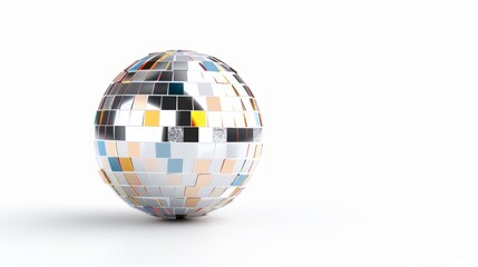 Reflective disco ball with multicolored tiles, white background, vibrant and dynamic reflections, energetic and festive mood, great for party visuals