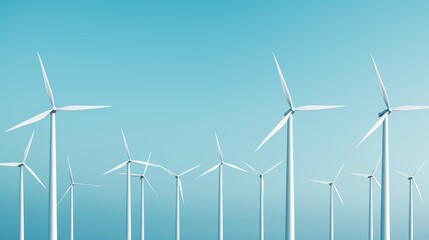 Row of wind turbines stretching into the horizon, set against a backdrop of a cyan twilight sky, the blades spinning in unison