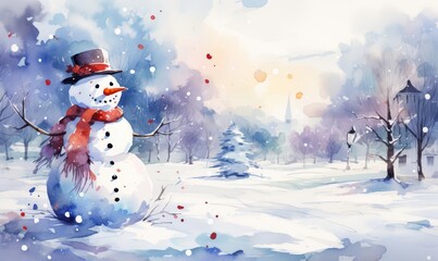 Obraz premium decorated snowman snowfield background flat design side view holiday cheer theme water color Splitcomplementary color scheme