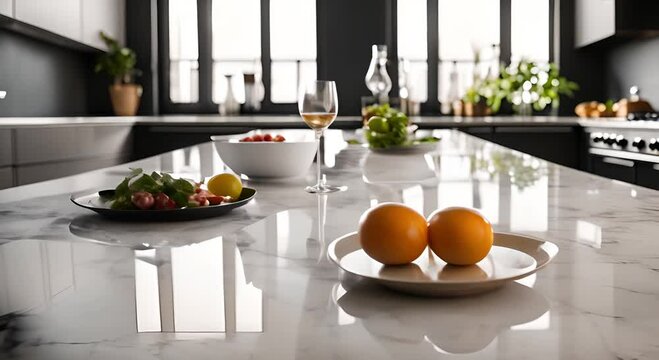 Empty white marble table with modern kitchen interior background