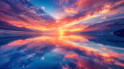 Fototapeta premium A mesmerizing sunset over a tranquil lake, with the sky painted in stunning hues of orange, pink, and purple, reflecting off the calm water surface.