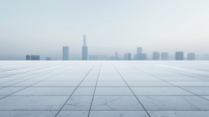 Fototapeta premium Serene empty plaza with city skyline background, skyscrapers silhouetted against the dusk light, balanced scene, devoid of vehicles and people