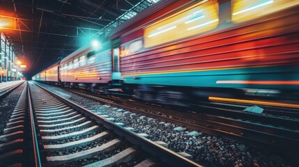 Obraz premium Freight Train Moving at High Speed through Station for Commercial Use