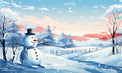 Obraz premium decorated snowman snowfield background flat design side view holiday cheer theme water color Splitcomplementary color scheme