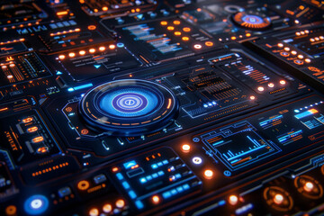 Fototapeta premium Abstract background with digital high-tech control panel and glowing neon indicator lights. Concept of cyber data processing, technological, engineering process