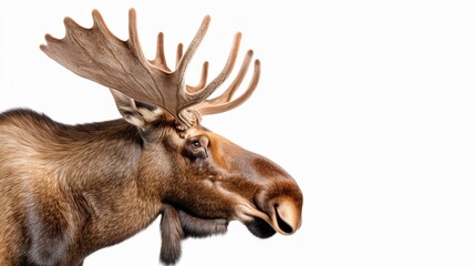 Side profile of a moose in high definition, isolated on a white background, every aspect of its fur and antlers rendered in stunning 4k ultra HD