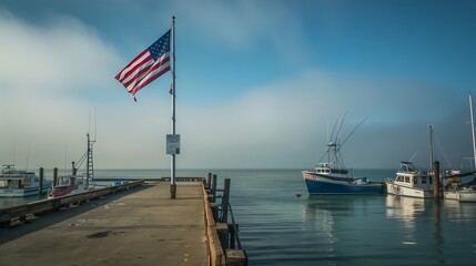 An American flag flying from a tall mast on a pier, with boats docked and a calm sea.