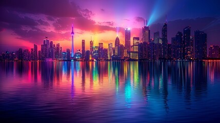 Fototapeta premium A stunning photograph of a cityscape at dusk, with the skyline illuminated by an array of brilliant lights in every color of the rainbow, reflecting off the calm waters of a river,