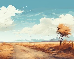 Deserted road background with tumbleweed, flat design, top view, western theme, cartoon drawing, colored pastel