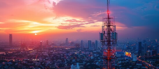 Cityscape at Sunset with Communication Tower