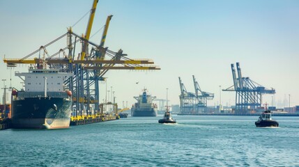 Cranes unloading cargo ships at a busy port, focusing on international trade, shipping, and maritime logistics